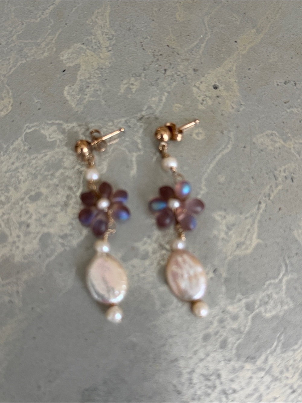 Delicate fresh water Pearl & Iridescent Flower Drop Earrings 14kt Gold ball post